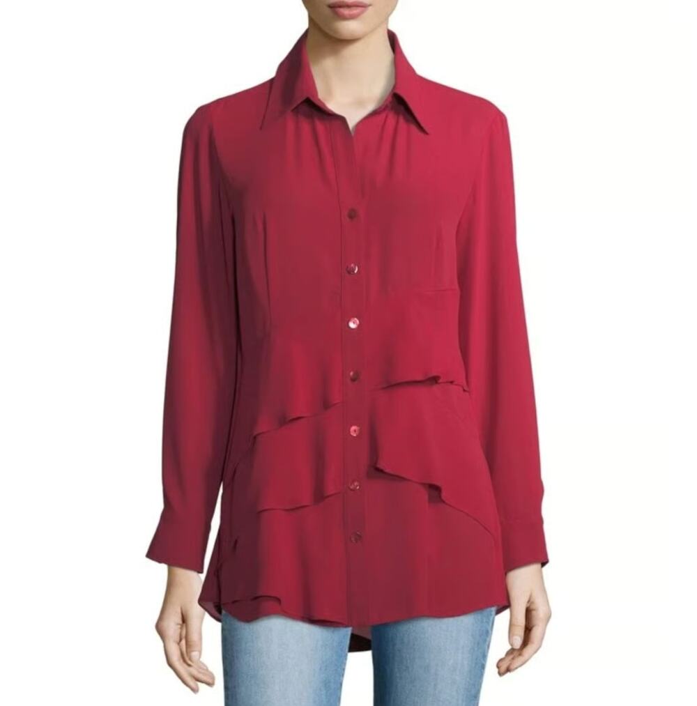 Finley Women's Plus Size Blouse 1X Jenna Red Tiered Long Sleeve Ruffle Crepe Top
